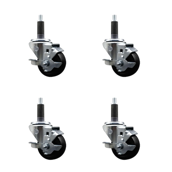 3'' SS Hard Rubber Swivel 1'' Expanding Stem Caster Set with Brake, 4PK